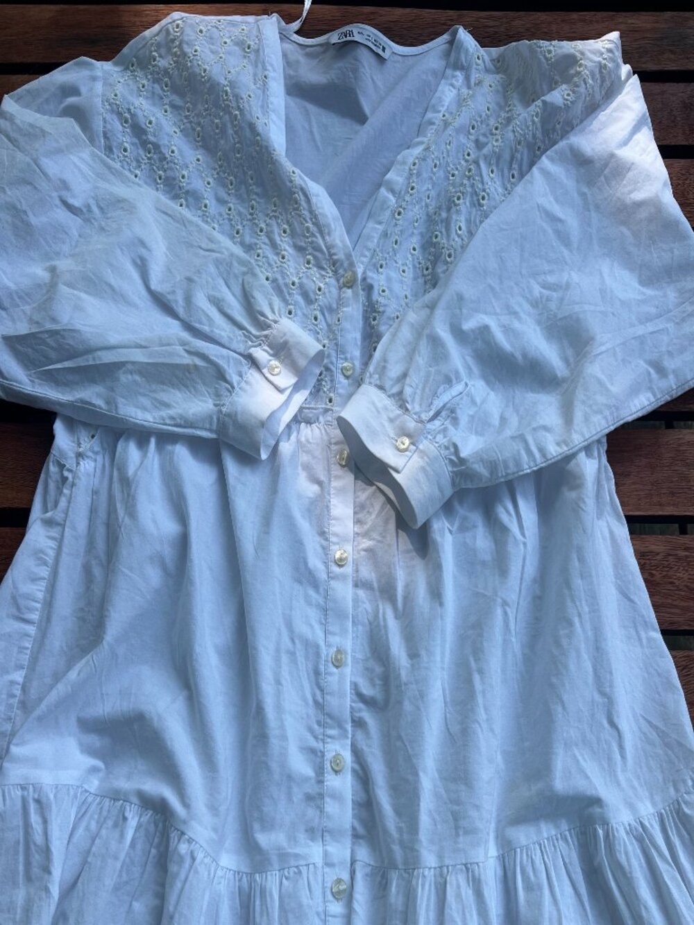 Zara boho white eyelet prairie dress LG tiered long sleeve cotton NWOT boho